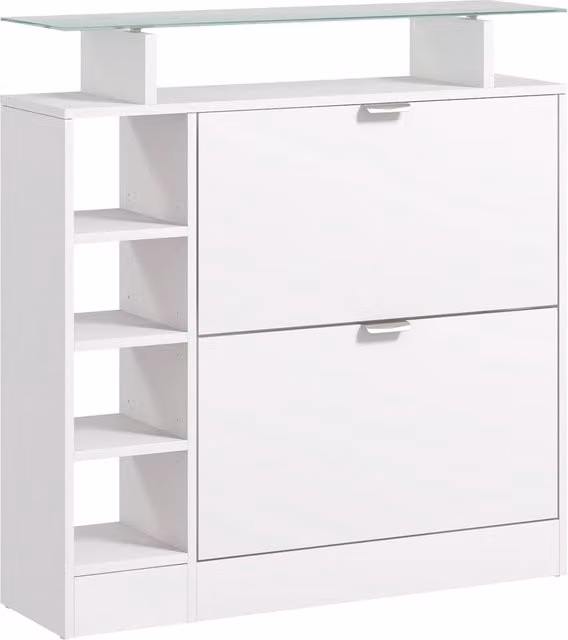 Scarpiera Minimal bianca con ripiani e scomparti basculanti L: 89 cm, P: 25 cm, H: 92 cm