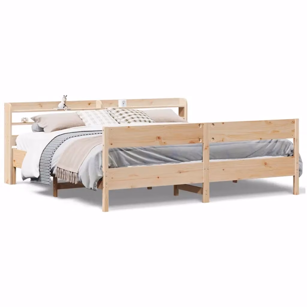 Letto matrimoniale vidaXL in legno massello di pino marrone con ripiani laterali e doghe piatte L/P/H: 200 x 180 x 82 cm – 2