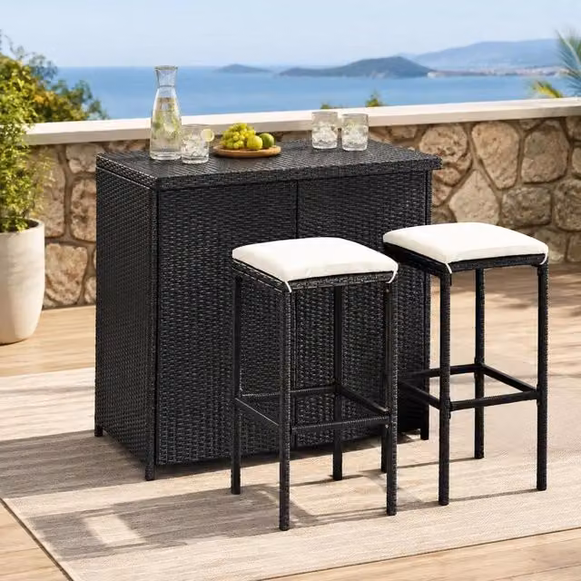 3-piece Bar Set, Poly Rattan, Black
