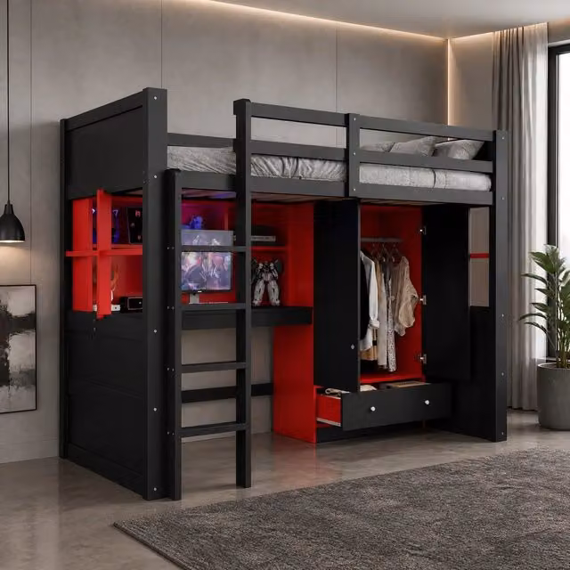 Letto a soppalco 90x200 cm con armadio, cassetti, scrivania e scala, stile gaming nero e rosso