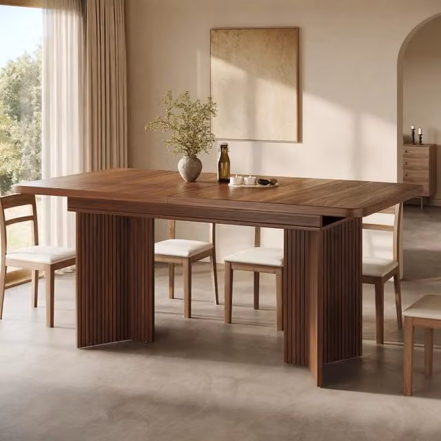 Tavolo da pranzo allungabile con piano estensibile e gambe a V scanalate, per sala da pranzo, MDF e metallo, marrone