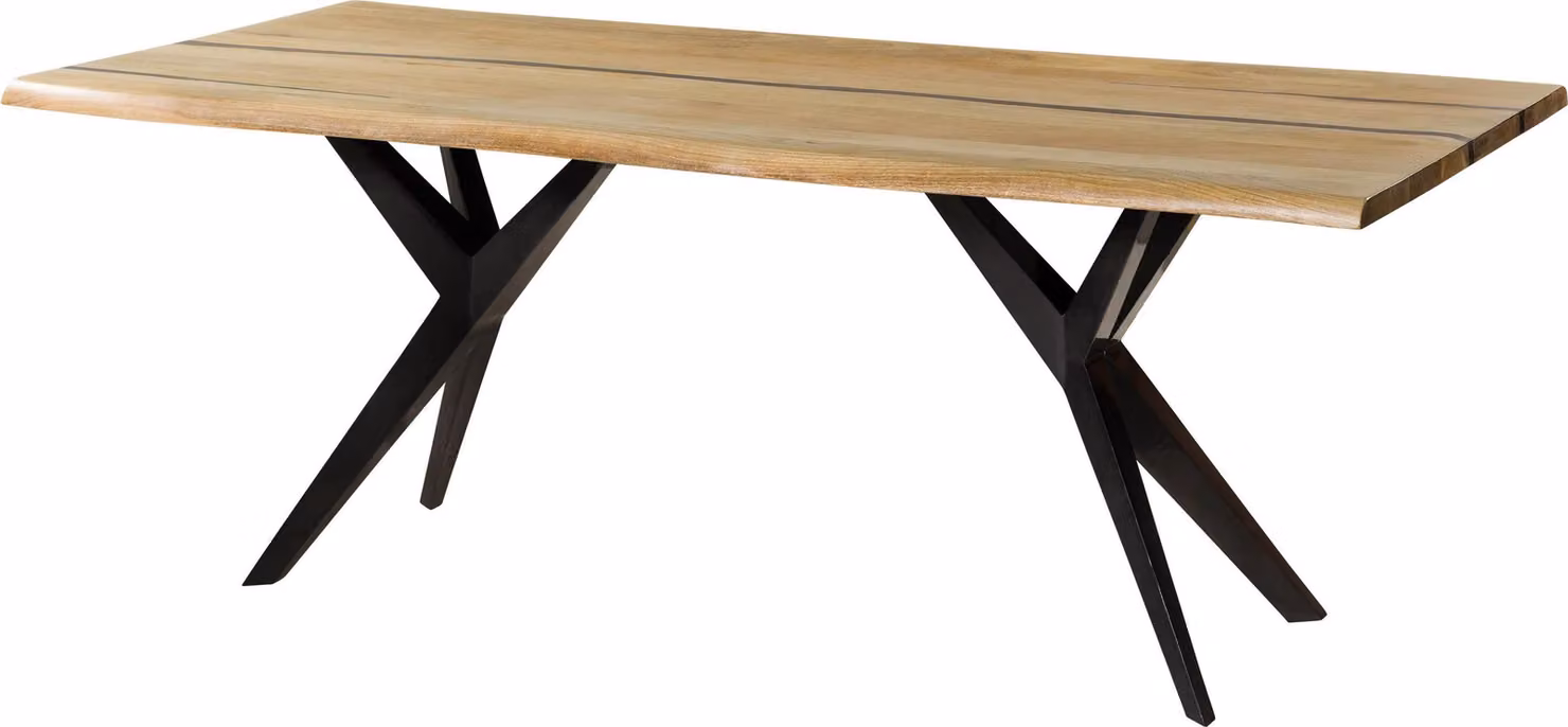 MASSIVMOEBEL24 | Tavolo da pranzo in legno di mango e resina epossidica nera 200x100x76 laccato natur / gambe a stella antracite lucido EPOXY