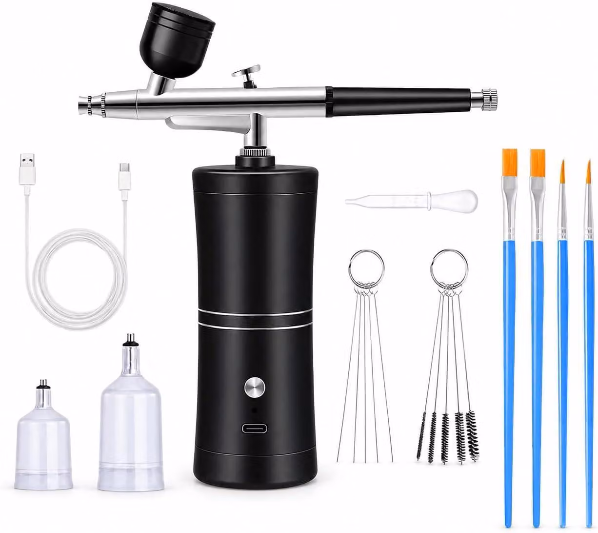 Kit per aerografo con compressore, portatile, senza fili, ugello da 0,4 mm, colore nero