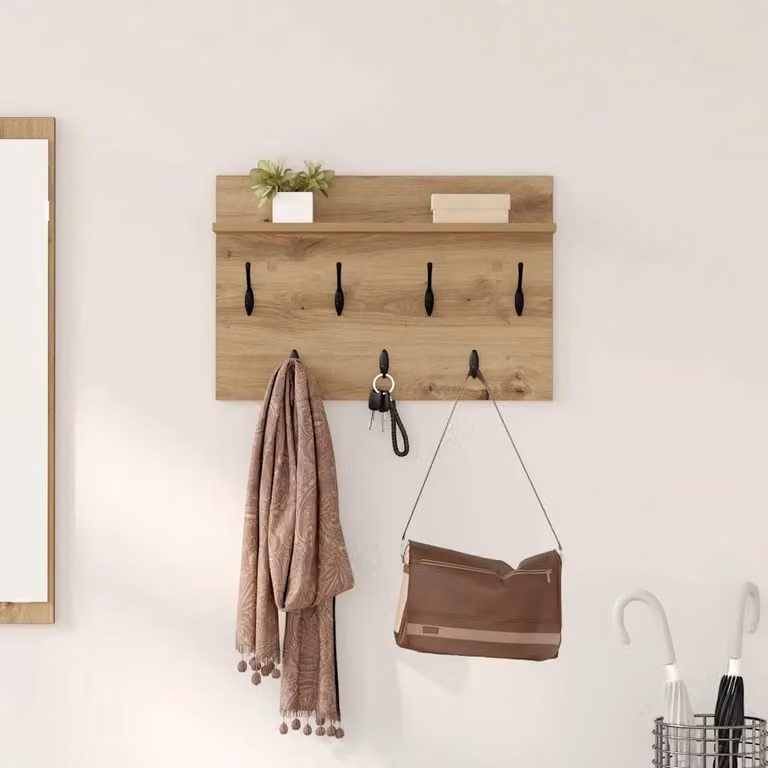 Appendiabiti a muro vidaXL in legno marrone con ganci distribuiti L: 60 cm, P: 40 cm, H: 12 cm