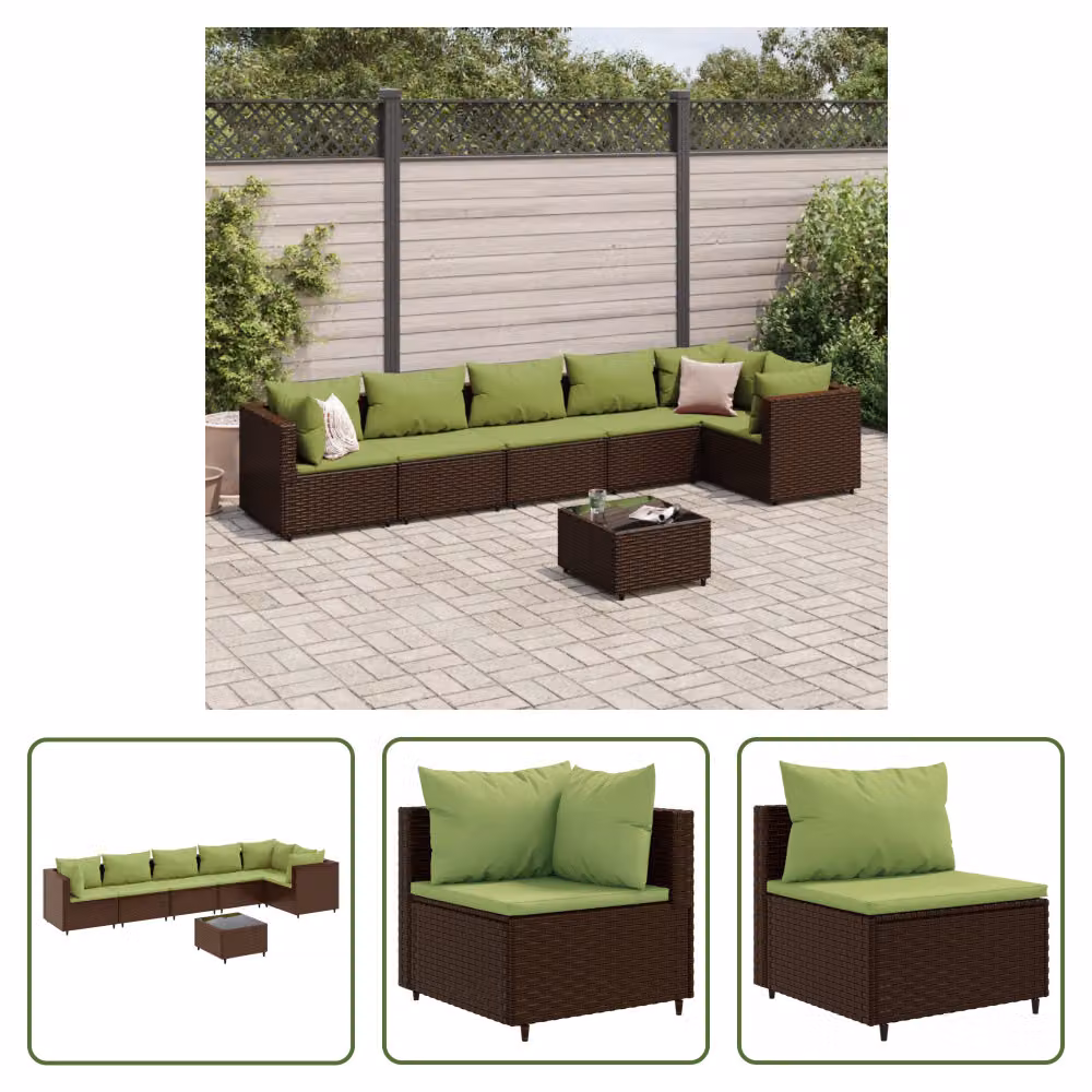 The Living Store Set da salotto da giardino 7 pezzi con cuscini in poly rattan marrone