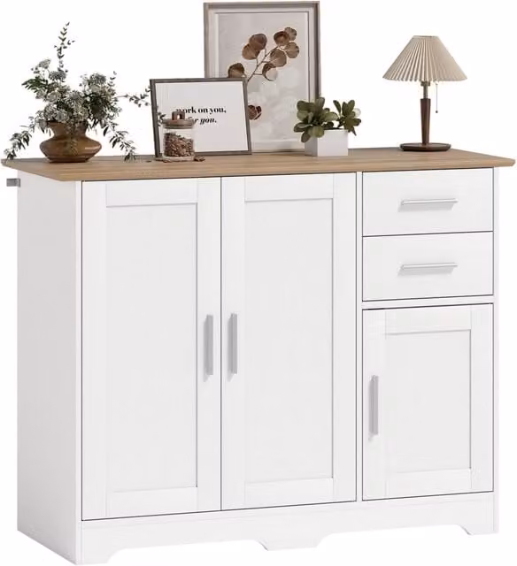 Mobile Credenza Soggiorno Buffet Bicolore Bianco e Legno Naturale con 2 Cassetti 3 Ante e Ripiano Regolabile 100 x 40 x 78 cm