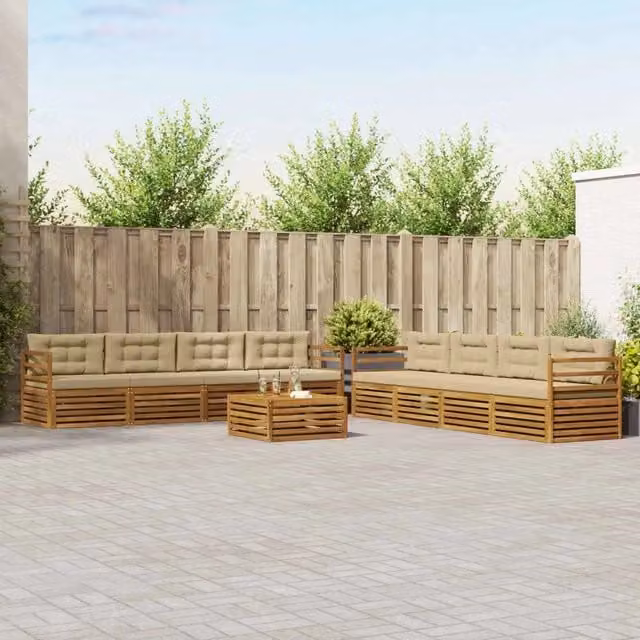 Set di divani da esterno vidaXL a forma di U composto da 9 pezzi con tavolino da caffè, in legno di acacia e tessuto beige e marrone