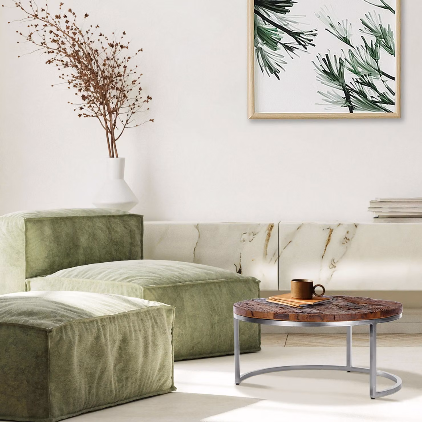 Tavolino WOMO-DESIGN Surabaya Ø 70x35cm, rotondo, fatto a mano, legno massiccio, legno d'acacia, finitura naturale/nickel