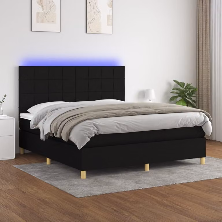 The Living Store Letto a molle con materasso e LED nero 160x200 cm in tessuto