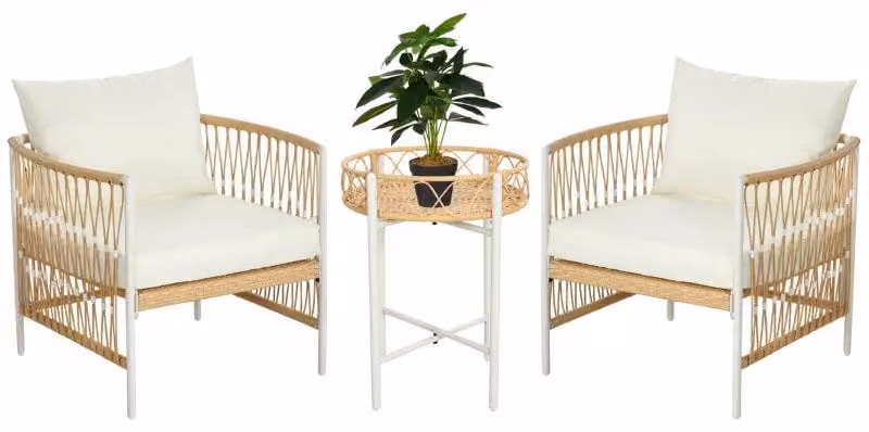 Set da bistrot in rattan – 2 sedie e tavolo | Colore: giallo, crema e bianco | Dimensioni: 66x72x64 cm