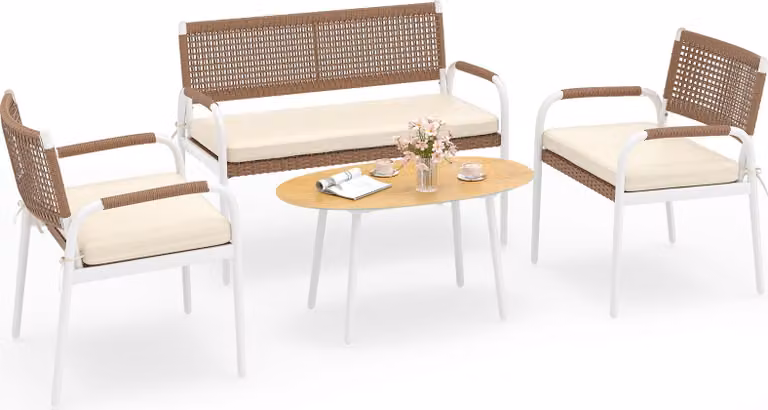 Set di mobili da giardino in polyrattan COSTWAY, mobili da esterno, mobili da balcone, set di sedute con 2 sedie, panca, tavolo e cuscini, mobili da terrazza, set da giardino