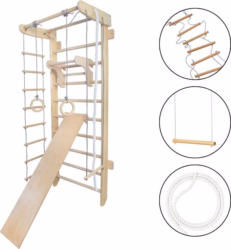 Parco giochi interno con pareti in legno "Numi Plus" + anelli ginnici + scivolo | struttura di arrampicata per bambini