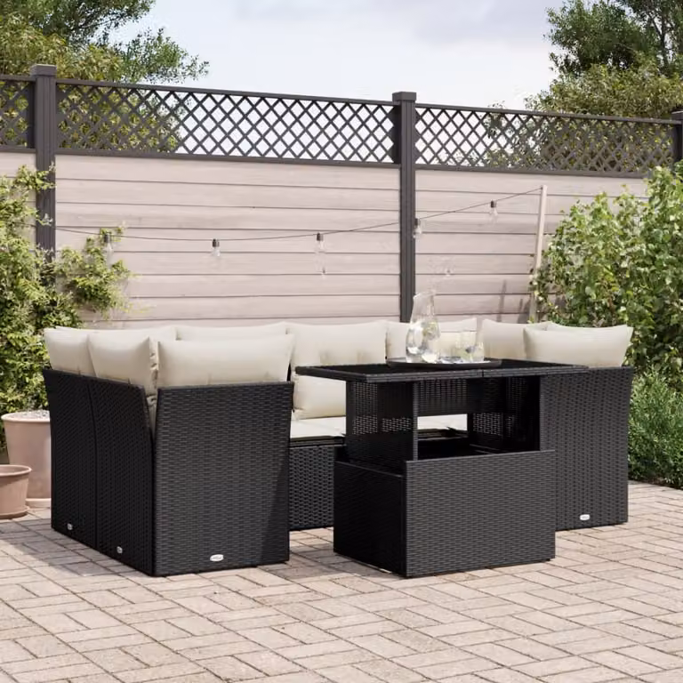 Set Divano da Giardino a L con Tavolino vidaXL, 7 Pezzi, Nero e Bianco, con Cuscini e Struttura in Metallo e Polyrattan
