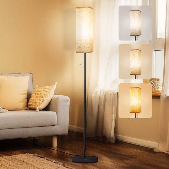 Lampada da terra moderna Azomor con illuminazione a LED regolabile e paralume in lino