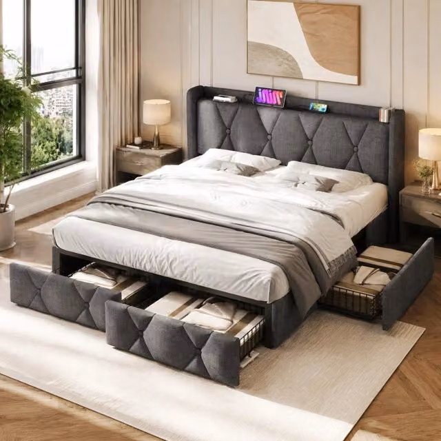 Letto imbottito 140x200 cm grigio con materasso, 4 cassetti, prese USB e rete