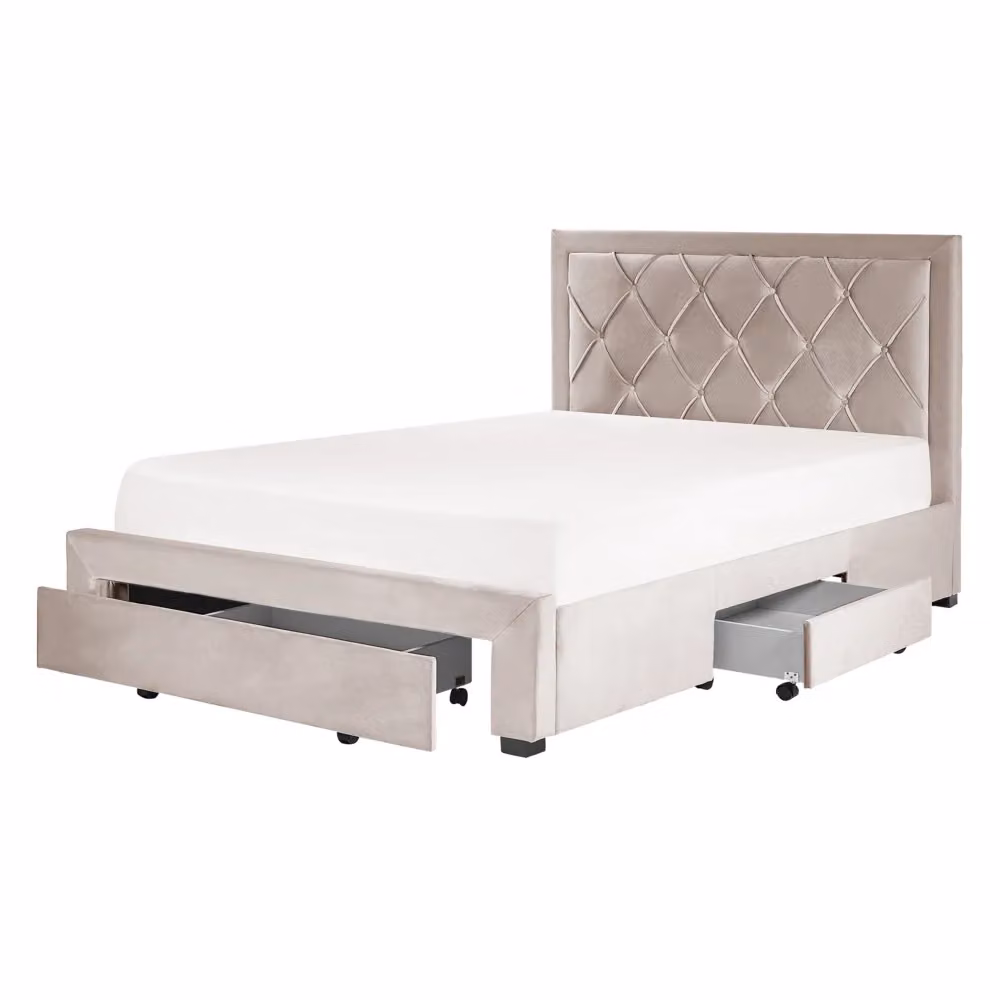 Letto contenitore Glam Design in velluto beige con cassetti e testiera alta trapuntata L/P/H: 217 x 140 x 145 cm – 2