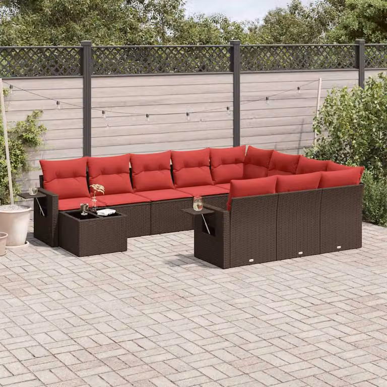Set di divani da giardino vidaXL 11 pezzi con cuscini marroni e tavolino in vetro, design moderno a L in rattan e metallo per esterno