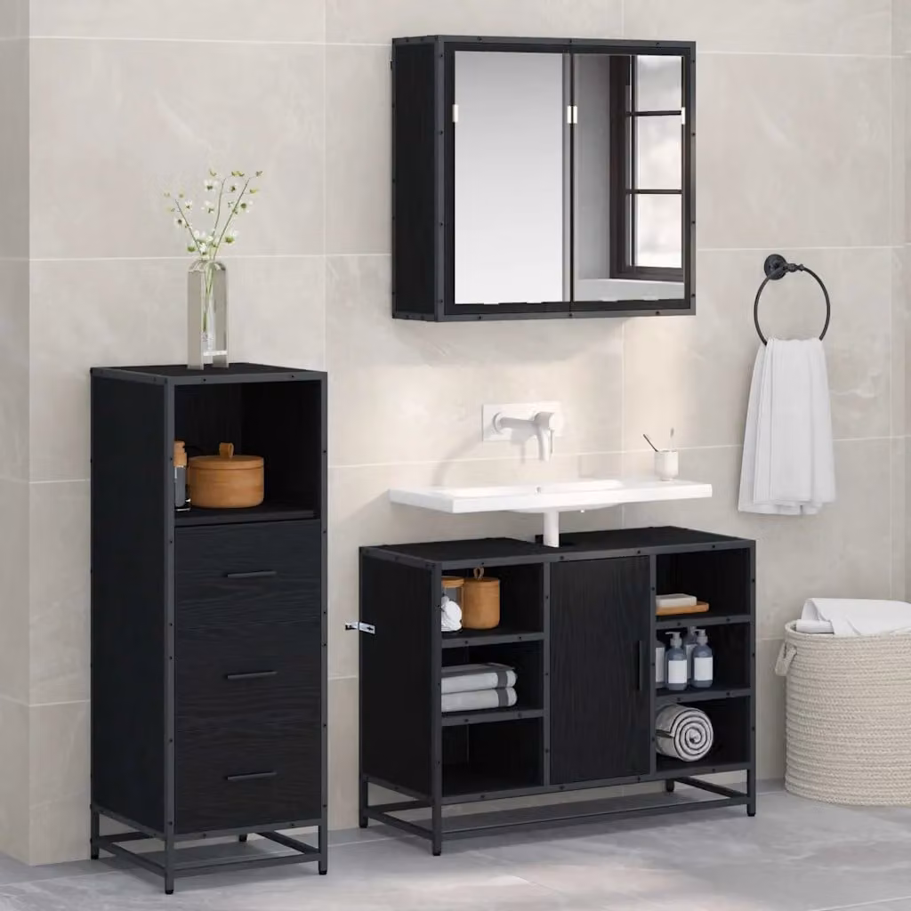 Set di mobili per il bagno moderno vidaXL composto da 3 pezzi in legno e metallo, colore marrone e nero, con armadietto con specchio, mobile lavabo e mobile laterale
