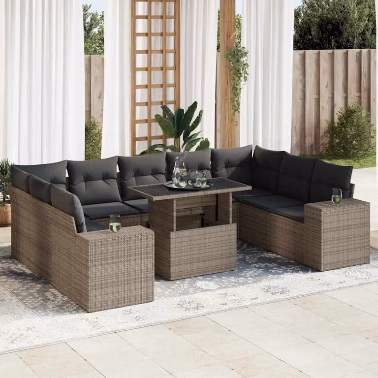 Set Divano da Giardino vidaXL 10 Pezzi a Forma di L con Tavolino e Cuscini Grigio