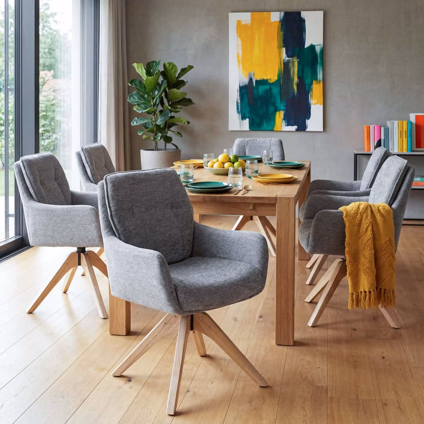 Set di 6 sedie da pranzo modello HWC-Q37, sedia girevole per cucina, rivestita in tessuto (680g/m²) tipo chenille, struttura in legno, colore grigio