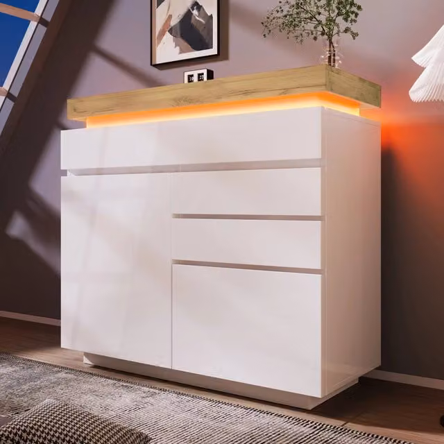 Credenza e madia LED con 2 ante, 3 cassetti e ripiani regolabili, finitura bianco lucido, per soggiorno, 110 × 39 × 115 cm
