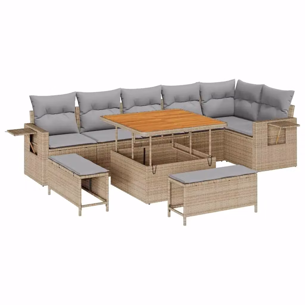 Set Divano da Giardino vidaXL 9 Pezzi in Polyrattan Beige con Cuscini e Tavolino da Esterno – 2