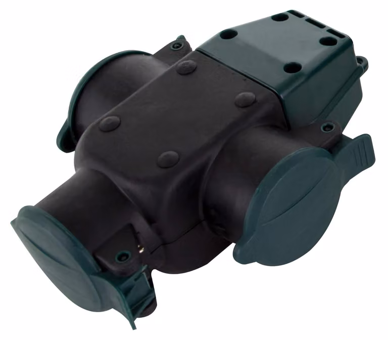 Presa multipla tripla, grado di protezione IP44 (resistente agli schizzi), 16A, in termoplastica, adatta per l'uso in giardino e in campeggio