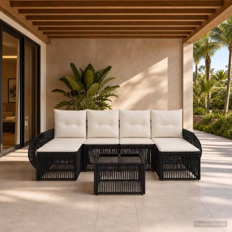 Set Divano da Giardino vidaXL 7 Pezzi in Polyrattan con Cuscini e Tavolino, Nero e Bianco Crema