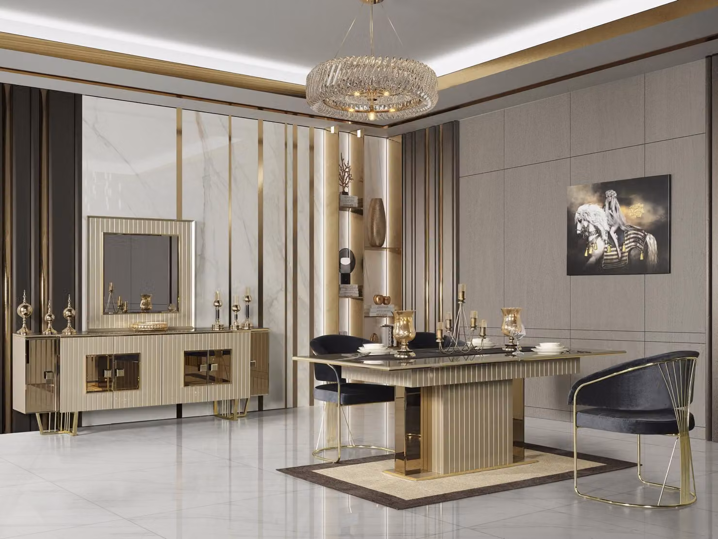 Goldenes Esszimmer Set Esstisch Essgarnitur Tisch 4x Lehnstuhl Kommode 6tlg