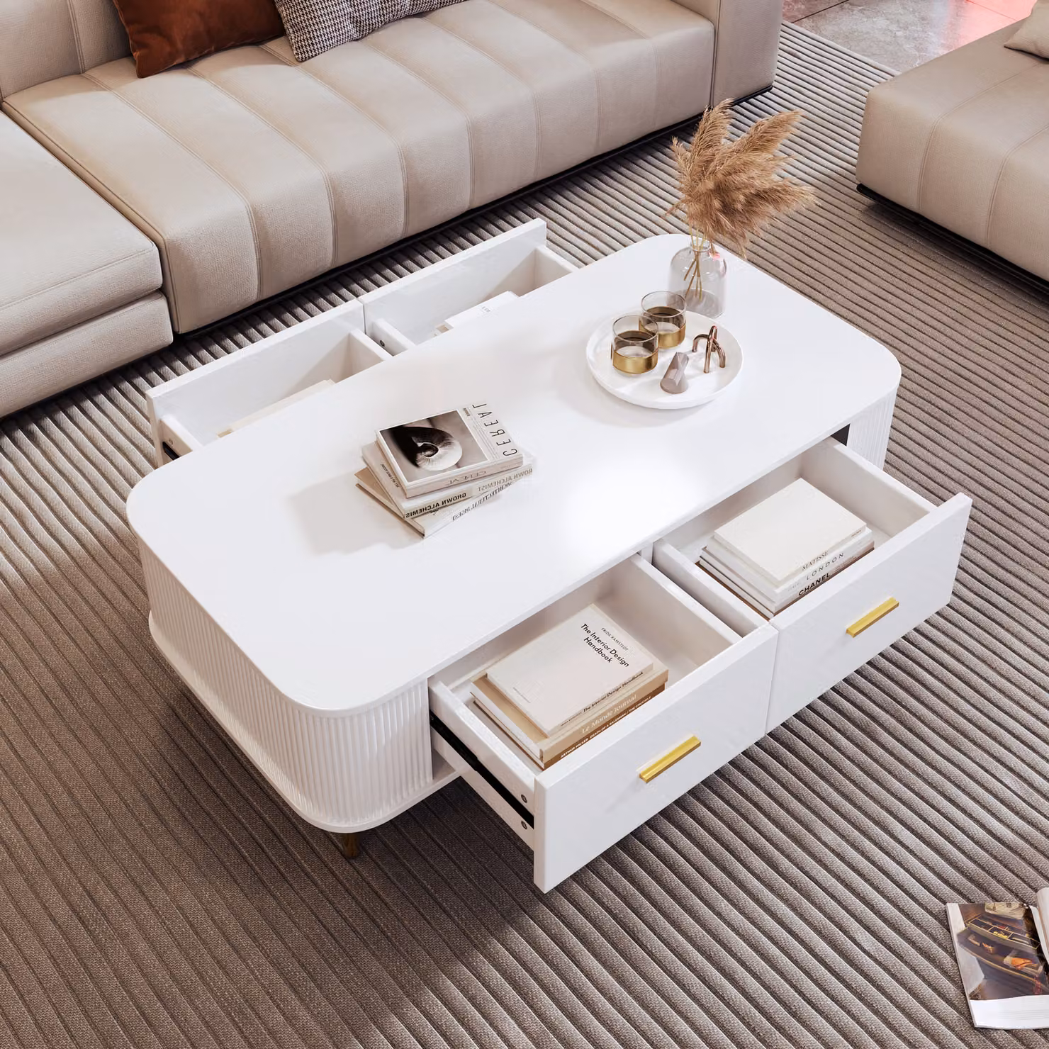 Tavolino Abrihome con 4 cassetti, tavolino da salotto con maniglie e gambe dorate, 105 x 51 x 38 cm