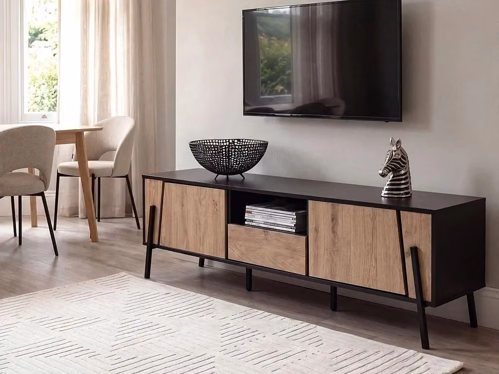 Mobile TV BELIANI in stile industriale con legno marrone e metallo nero, adatto per schermi fino a 76 pollici, con 1 cassetto e 2 armadietti, L: 177 cm, P: 40 cm, H: 46 cm – 2