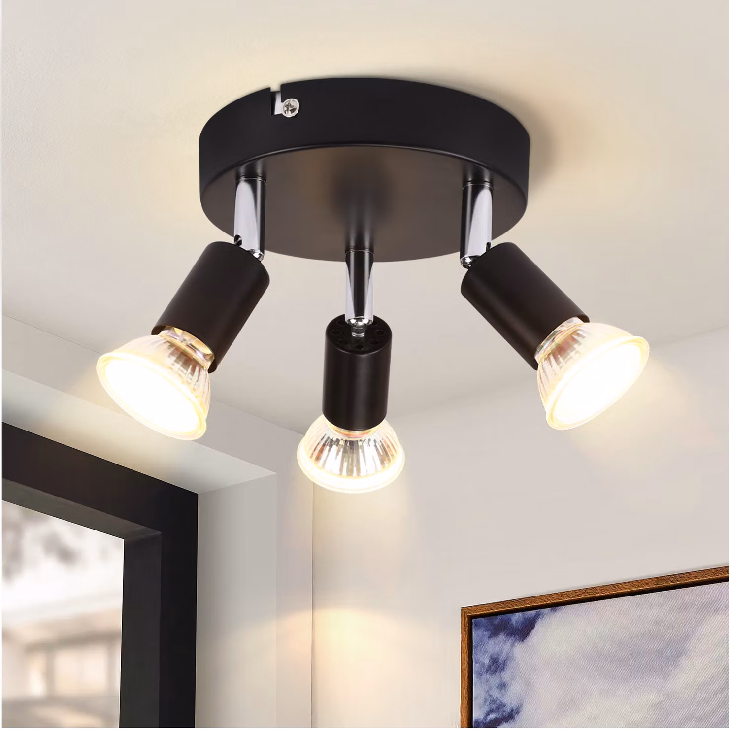 ZMH Faretto da soffitto a 3 fiamme nero Plafoniera moderna GU10 Spot da soffitto Orientabile a 350° Rotante Rotondo Soggiorno Camera da letto Corridoio
