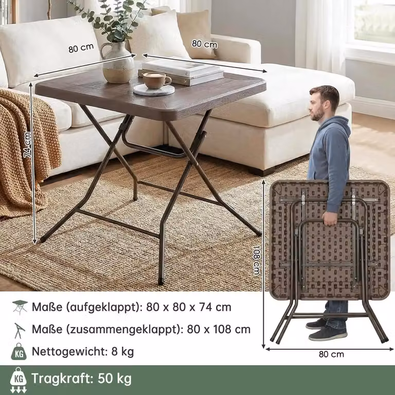 Tavolo pieghevole - Tavolo da giardino/campeggio - Dimensioni 80×80×74 cm - Quadrato - Gambe in acciaio inossidabile - Portatile e resistente - Per 4 persone - Marrone cioccolato