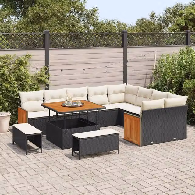 Set Divano da Giardino vidaXL a Forma di L con 12 Posti, Colore Nero e Beige, con Cuscini Rimovibili e Tavolino da Esterno – 2