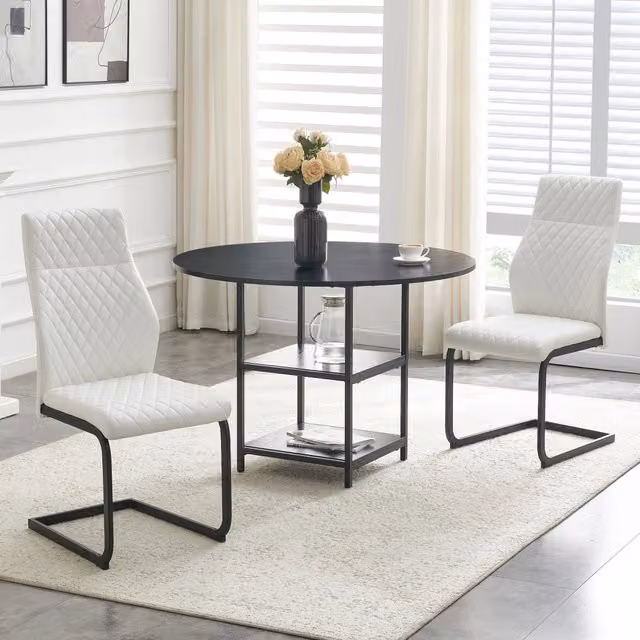 Set tavolo e sedie con tavolo rotondo e 2 sedie da pranzo con ripiani in MDF, metallo e similpelle nero e bianco