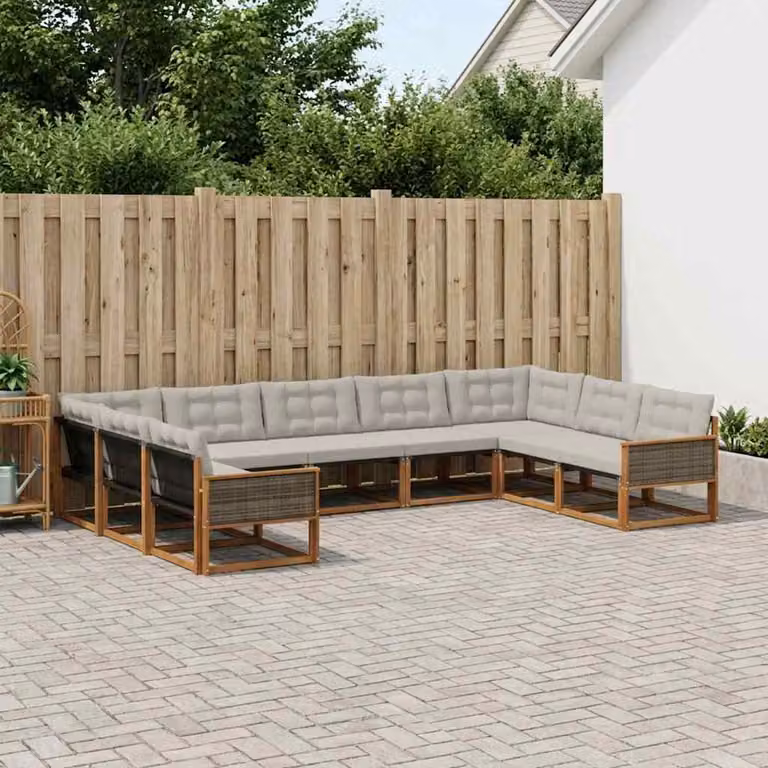 vidaXL Set di divani da esterno a L in legno di acacia e textilene, 9 pezzi, Beige e Grigio