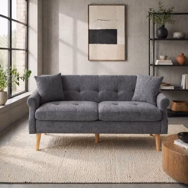 Divano a 2 posti in chenille grigio 162x74x77 cm con cuscini