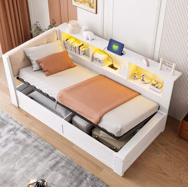 Letto da giorno ULEVR 90x200 cm con contenitore idraulico laterale, LED dimmerabile, USB e ripiano, bianco