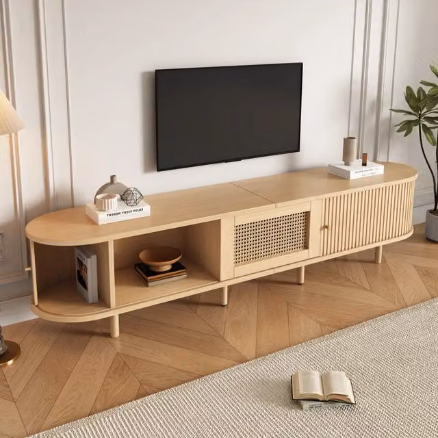 Mobile TV REDOM in stile scandinavo con ante scorrevoli e cassetto, colore beige, L/P/H: 180 x 40 x 40 cm
