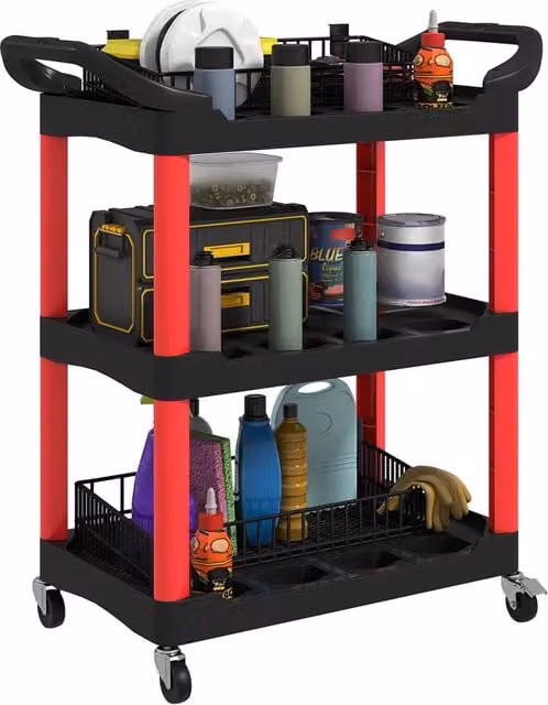 Carrello portautensili XYLO a 3 ripiani con ruote e maniglie, colore rosso e nero, portata massima 91 kg – 1