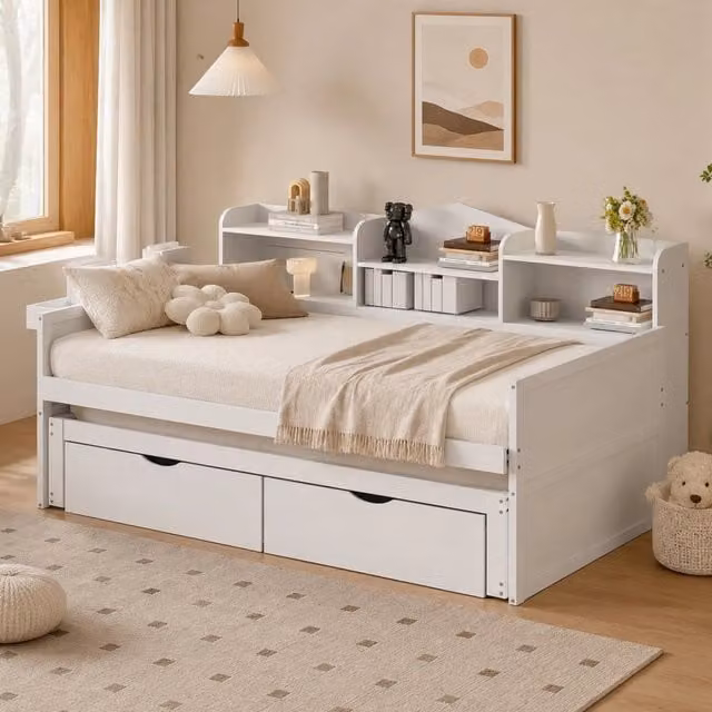 Letto Mivray con letto estraibile e vano contenitore con 2 cassetti, porta USB e mensola laterale, colore bianco, L: 90 cm, P: 200 cm