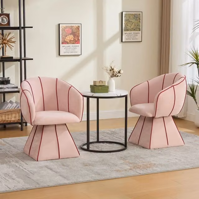 Poltrona girevole OKWISH in ciniglia rosa con schienale alto e braccioli per soggiorno e camera da letto