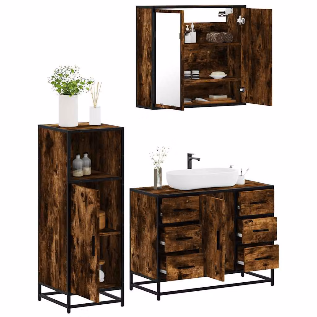 Set di mobili da bagno vidaXL in stile industriale composto da 3 pezzi in legno, metallo e vetro, colore marrone opaco, con mobile sottolavabo, armadietto a muro e specchiera