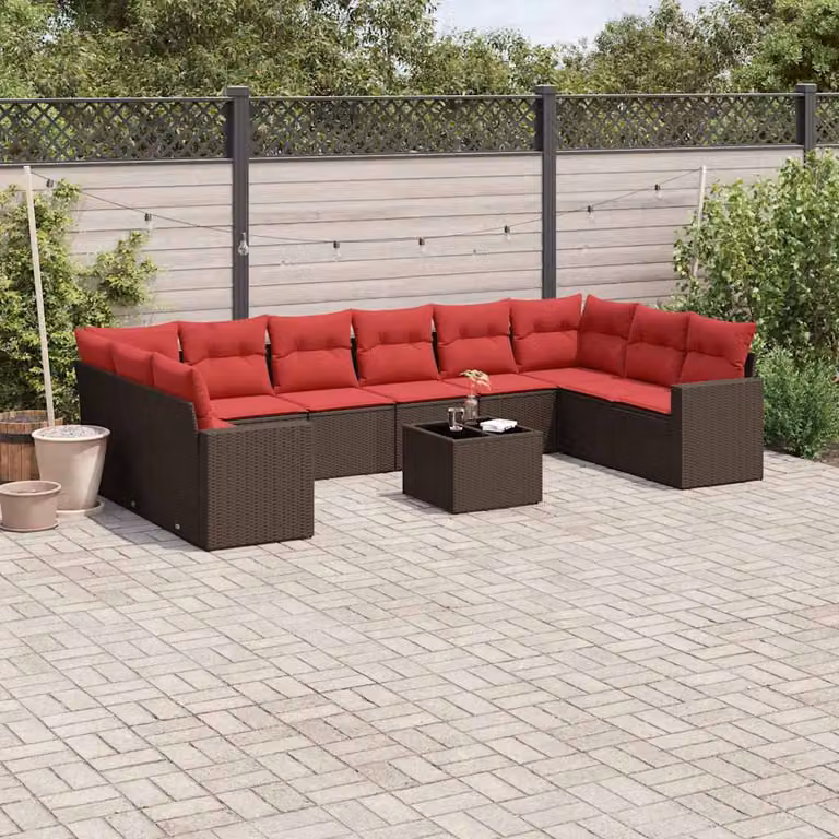 vidaXL Set Divani da Giardino 11 pz in Polyrattan Marrone con Cuscini e Tavolino