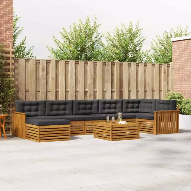 Set di divani da esterno vidaXL a forma di L composto da 8 pezzi in legno di acacia con cuscini inclusi, colore naturale e antracite – 1