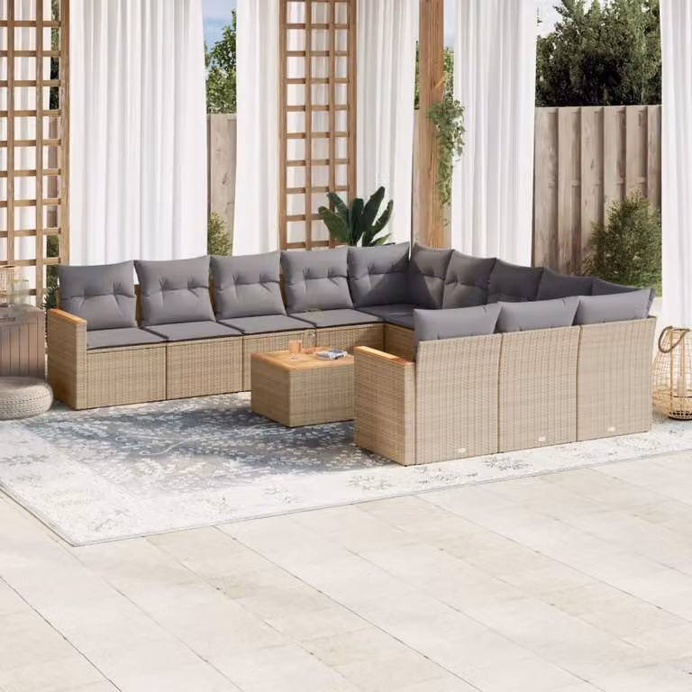 vidaXL Set Divani da Giardino a Forma di U in Polyrattan con Cuscini Beige e Tavolino da Caffè Esterno