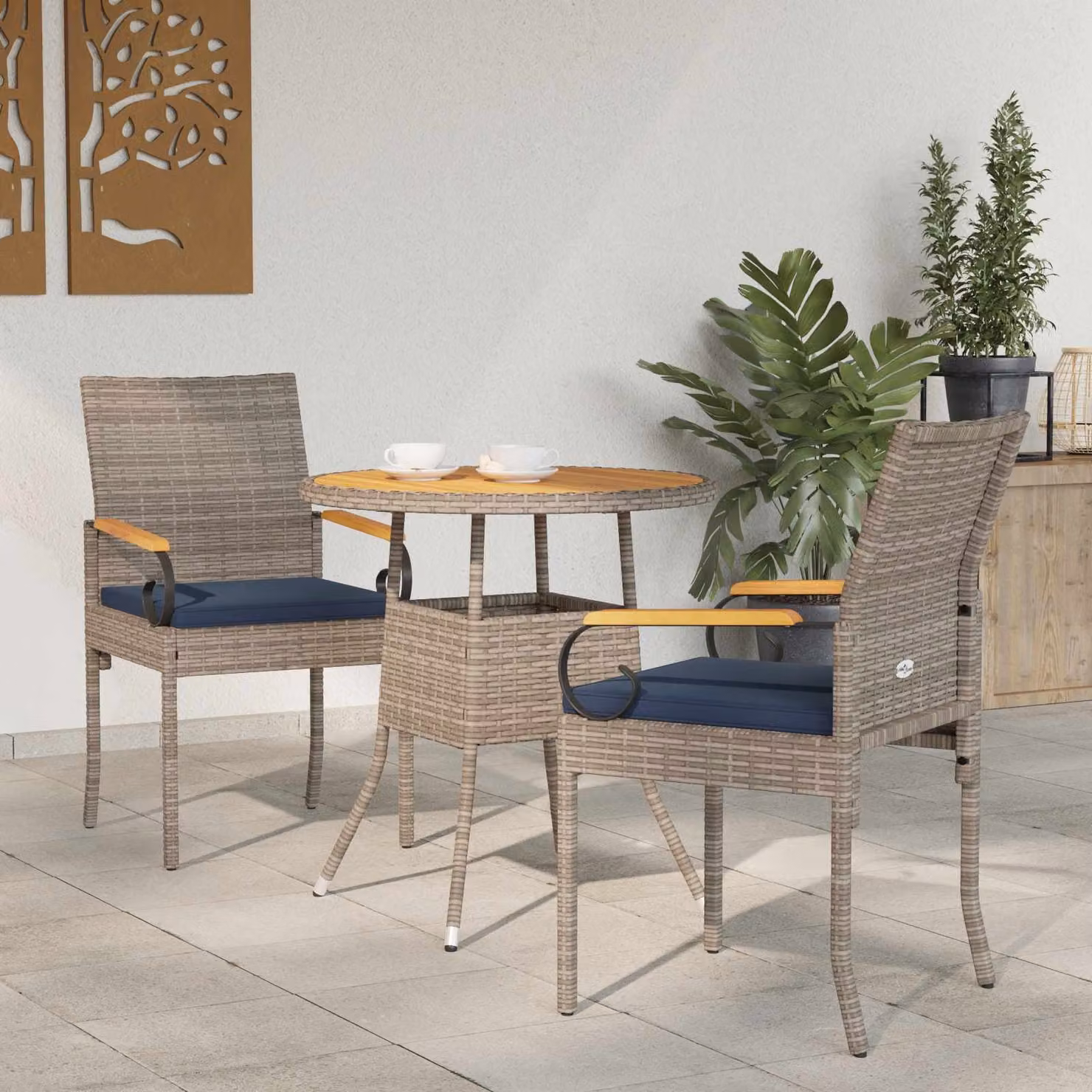 Set di 2 sedie da giardino vidaXL in polyrattan e legno di acacia con cuscini grigi e blu navy