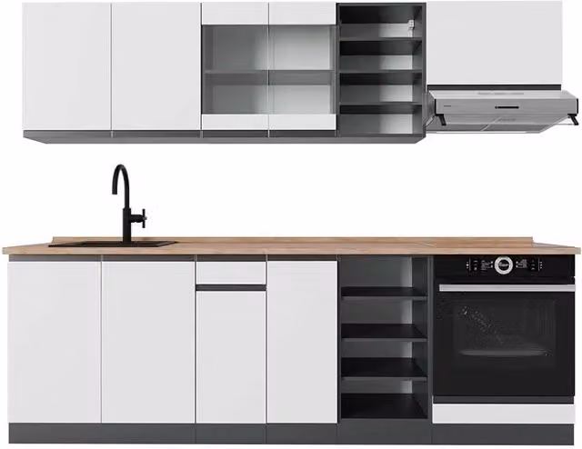 Cucina componibile moderna R-Line Vicco Bianco e Antracite con piano Rovere, L: 240 cm – 1
