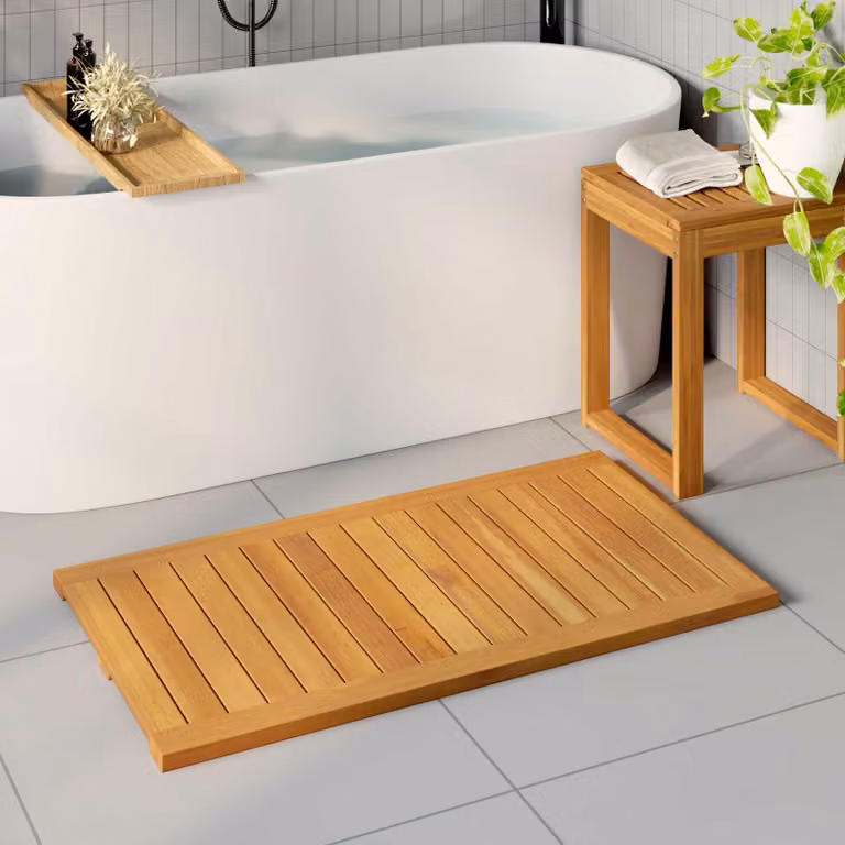 Tappeto da bagno vidaXL in legno di acacia massello marrone, antiscivolo e ad asciugatura rapida, L: 100 cm, P: 55 cm