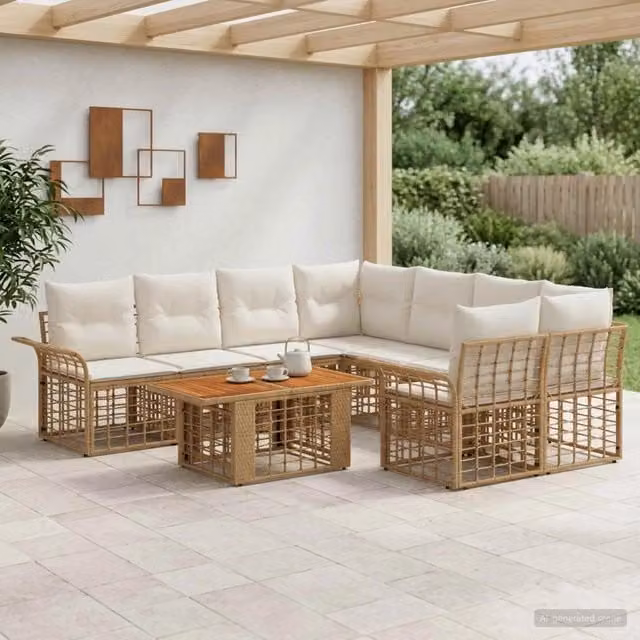 Set Divano da Giardino 9 pz Naturale e Bianco Crema polyrattan 3437960
